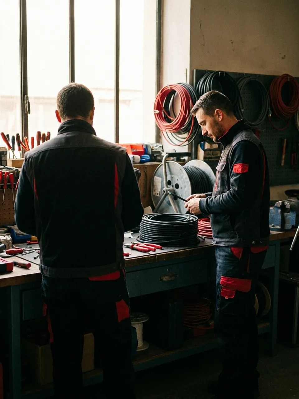 Deux techniciens electriciens preparant du materiel dans un atelier, tourets de cable et outillage